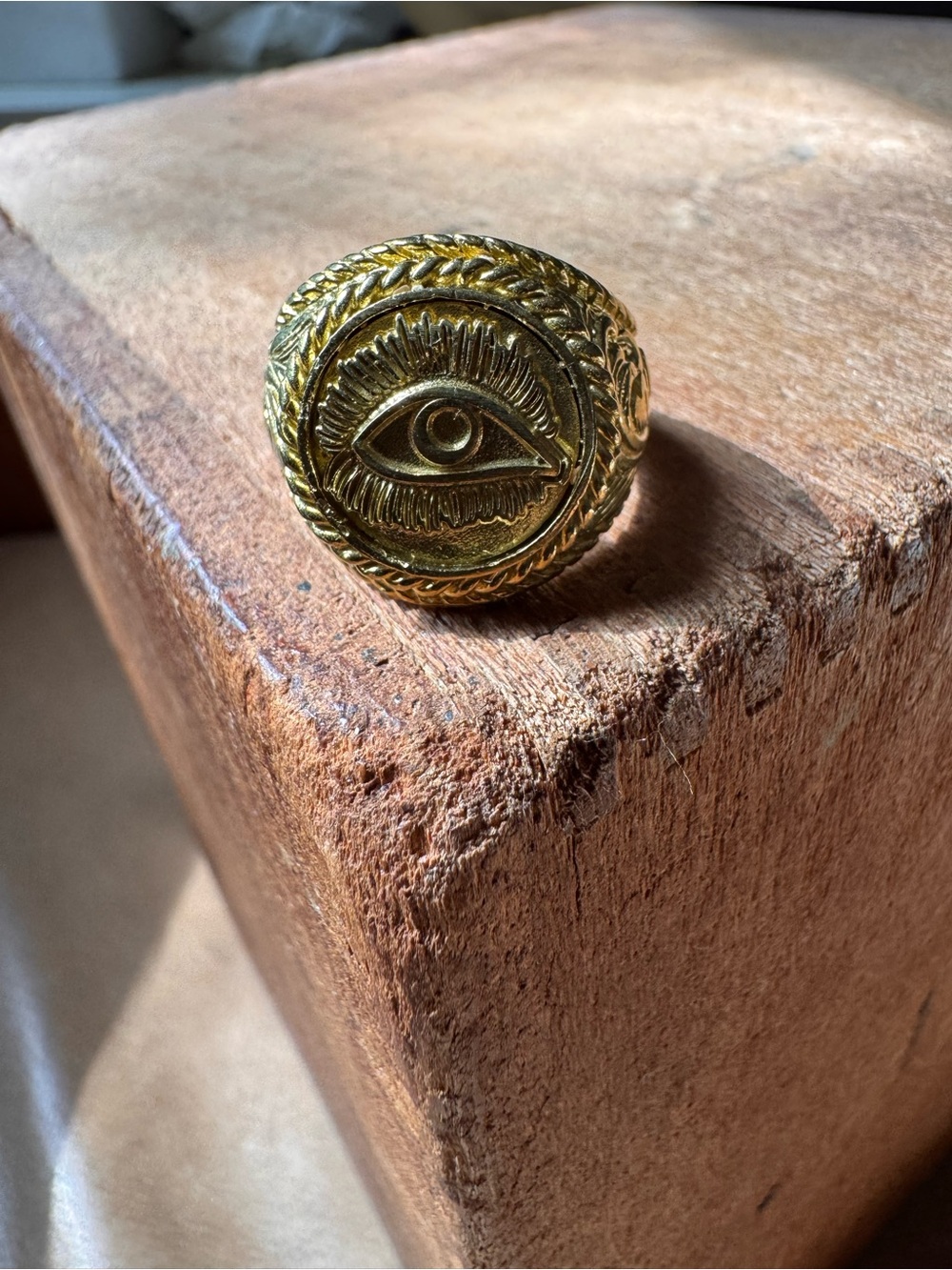 Evil eye signet round statement chunky ornate ring gold brass